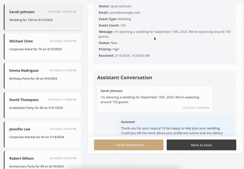 Event manager dashboard with proposal generator